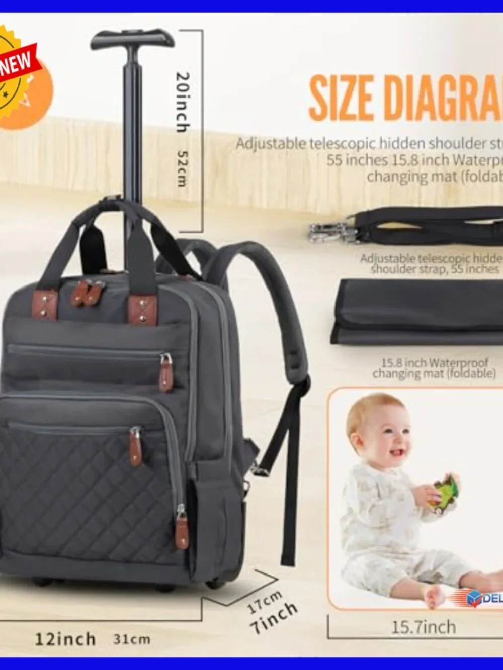 Convertible Rolling Diaper Backpack with Hidden Wheels, 35L Travel Bag